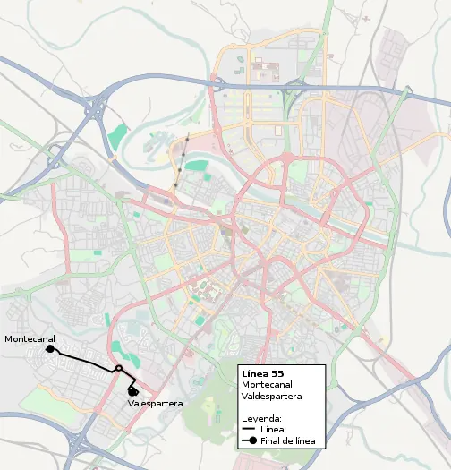Recorrido de la línea 55 de TUZSA en la ciudad de Zaragoza.