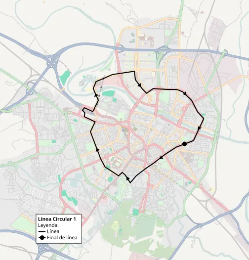 Recorrido de la línea Ci1 de TUZSA en la ciudad de Zaragoza.