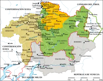 Las Tres Ligas grisonas y sus territorios sometidos. Se observa la estratégica situación del territorio entre el Milanesado, el Tirol, la condeferación suiza y la república veneciana. Frontera suiza moderna Fronteras jurisdiccionales Tres ligas: Liga Gris (1424-) Liga de las Diez Jurisdicciones (1436-) Liga de la Casa de Dios (1367-) Zonas sometidas a las Tres Ligas (1512-1620, 1639-1797) Zonas perdidas antes de 1797: * Untercalven: perdida de 1616 * Tre Pievi: 1512-1524