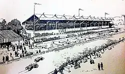 La recta de tribunas del Circuito de Villafranca del Panadés en la carrera de 1921, dibujo de la época