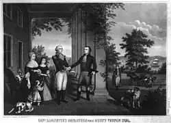El general y primer presidente George Washington despide al noble francés y también general Gilbert de La Fayette (1784). Al frente de tropas de la monarquía francesa había apoyado la independencia de las Trece Colonias frente a Inglaterra, al igual que hicieron el gobernador español de Luisiana Bernardo de Gálvez y Madrid y el militar francés Jean-Baptiste Donatien de Vimeur de Rochambeau, en un ajuste de cuentas de la anterior Guerra de los Siete Años. La Fayette, influido por su experiencia americana, fue partidario de las reformas moderadas y de una monarquía constitucional durante los posteriores acontecimientos revolucionarios en Francia.