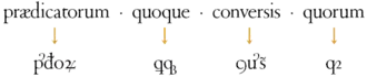 Abreviaciones latinas “praedicatorum” (“ꝕᵭoꝝ”), “quoque” (“ꝗqꝫ”), “conversis” (“ꝯꝟs̃”, “ꝯưs̃”), “quorum” (“qꝝ”, “qꝛ”)