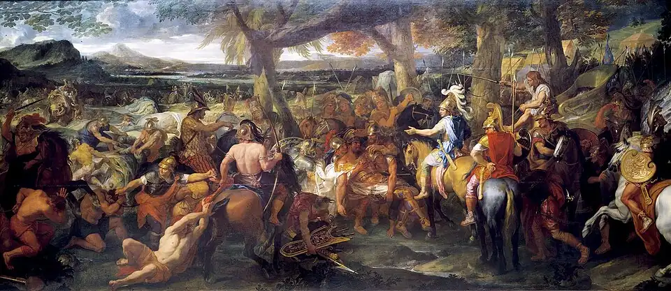 Cuadro de Charles Le Brun que muestra a Alejandro y Poros durante la batalla del Hidaspes.