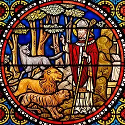 Vidriera de Saint Austremoine d'Issoire, con el santo entre las bestias