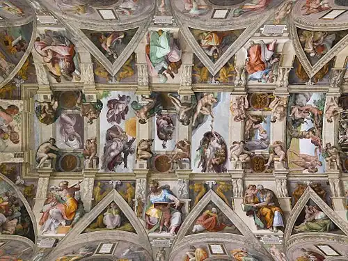 Parte del cielorraso de la Capilla Sixtina en la Ciudad del Vaticano en Roma, mostrando el techo en relación con los otros frescos de las paredes formando un conjunto
