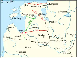 Three Russian campaigns are visible in 1558, 1559 and 1560, all from east to west. One Polish–Lithuanian campaign in 1561 is shown advancing up the central part of Livonia. Refer to the text for details.