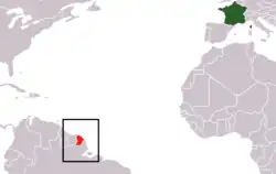 Mapa de la Guayana Francesa, territorio de ultramar perteneciente a Francia, hábitat de la Ephebopus cyanognathus.