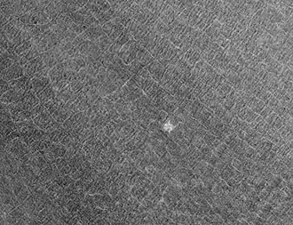 Cráter de Lomonosov con suelo poligonal estampado, como se ve con Mars Global Surveyor.