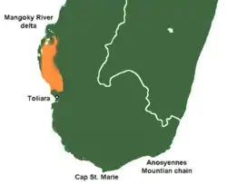 Distribución (naranja) en la zona sur de Madagascar