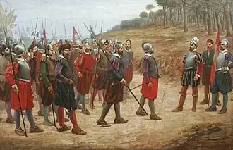 Francisco Pizarro en la isla del Gallo, invitando a sus soldados a cruzar la línea trazada en el suelo, si deseaban seguir en su expedición hacia el Perú.