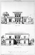 Plano con alzados frontal y lateral de la Villa Barbara Gräfin von Abensberg und Traun, diseñada por Ludwig Förster en Baden bei Wien, en 1847.