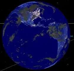 Simulación de la Tierra vista desde el centro de la cara visible de la Luna al momento máximo del eclipse con nubes reales (infrarrojo)[7]​