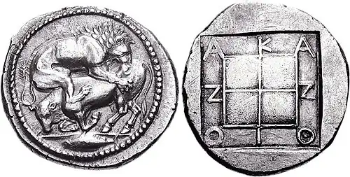 Moneda de Acanto, Macedonia. Ca. 470-430 a. C.