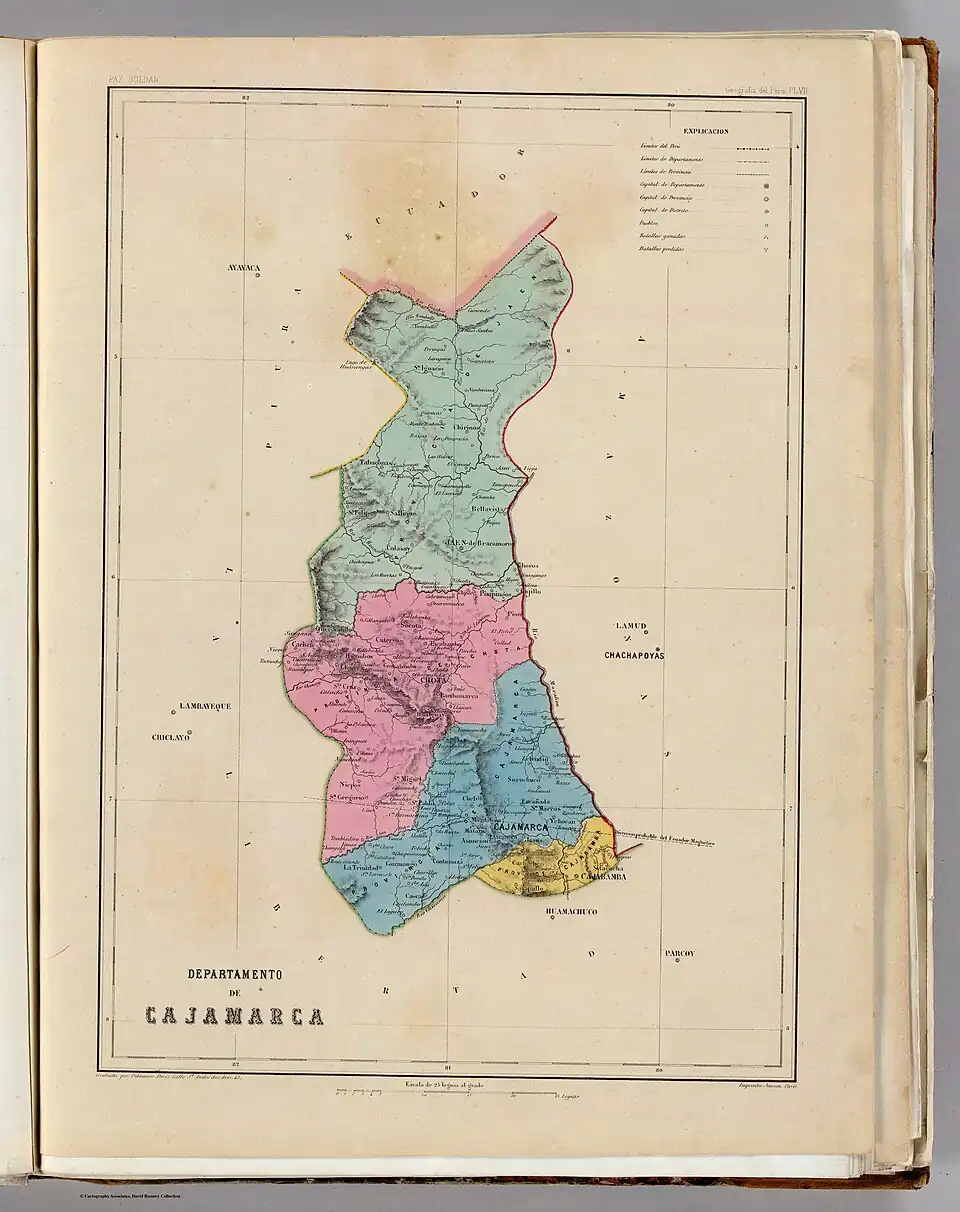 Mapa de la provincia peruana de Jaén, con el río Canchis como frontera con Ecuador.