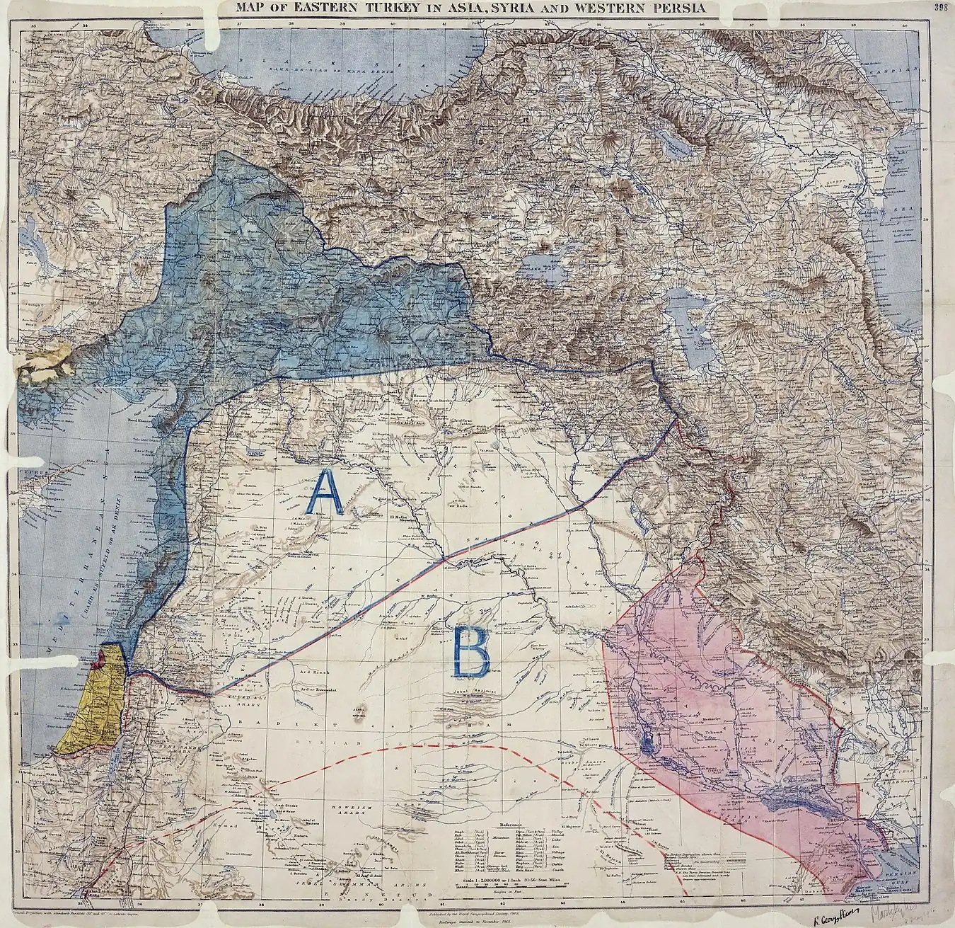 Palestina en el mapa del Acuerdo Sykes-Picot bajo «administración internacional», con la bahía de Haifa, Acre y Haifa como un enclave británico, y excluyendo el área al sur de Hebrón.[h]​