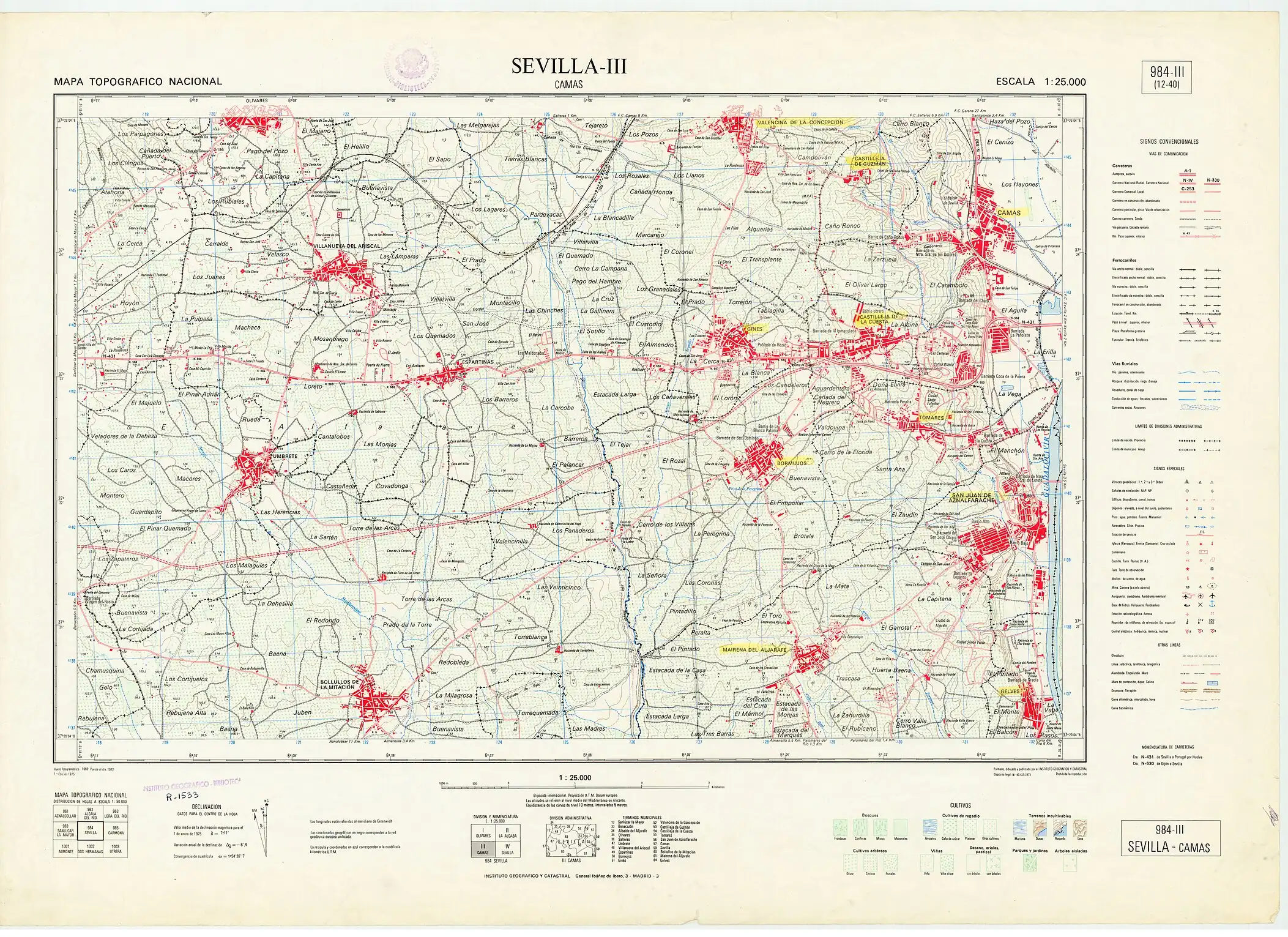 Plano de Gines en 1972. La mayor parte del término municipal está sin edificar.