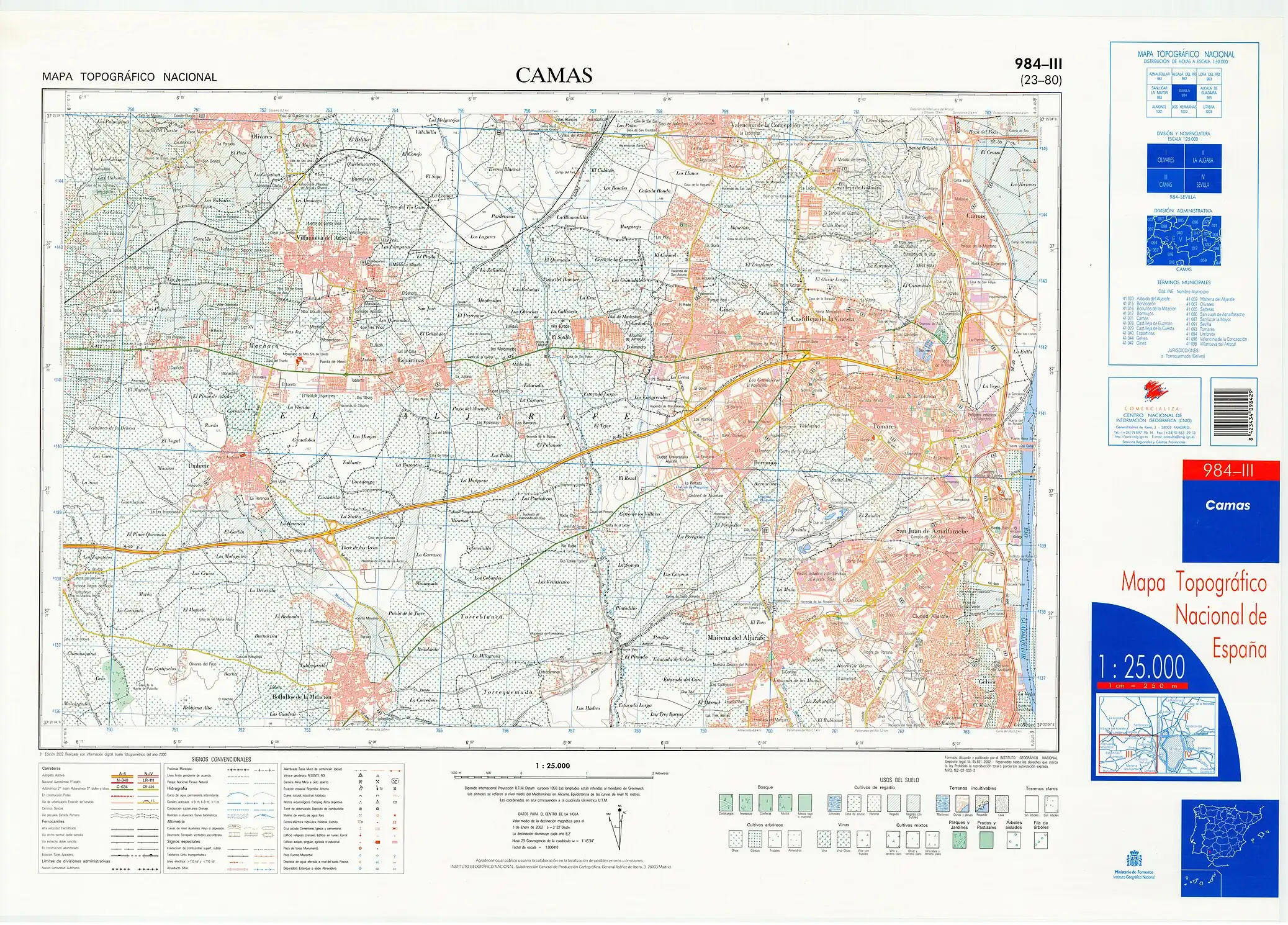 Plano de Gines en 2002. El nivel de edificación aumentó hasta sólo quedar libre la zona noreste del municipio. En la actualidad, sólo queda libre la parcela denominada como "Tabladilla".