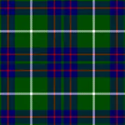 A swatch of fabric in a plaid or "tartan" design. On a green background appear four squares composed of a broad blue stripe overlaid with a thin red stripe. Over each square is superimposed two thin white stripes forming a cross.