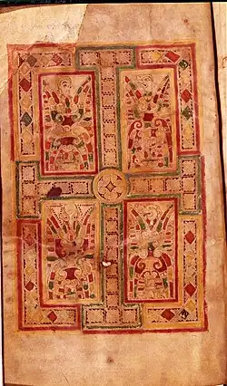 Motivos de trastes sobre la cruz de los Evangelios de Mac Durnan, f.1v.