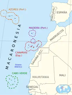 Expansión castellana y portuguesa por el Atlántico (de norte a sur: Azores [1431], Madeira [1418], Canarias [desde 1402] y Cabo Verde [1462]).