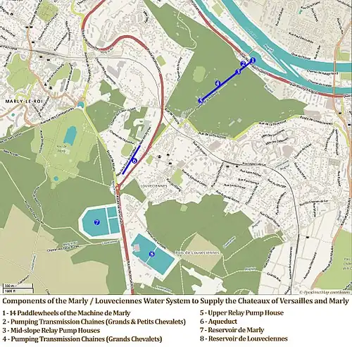 Localización de los componentes de la máquina de Marly (detalle)