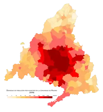 Densidad de población por municipios en la comunidad de Madrid en 2018