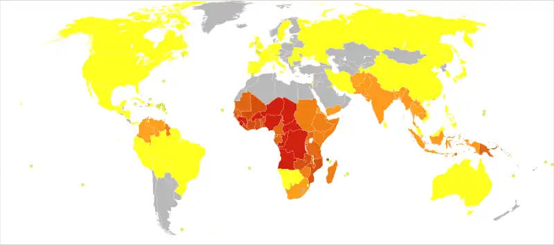alt=Muertes por malaria en 2012 por millón de personas. Estadísticas de la OMS, agrupadas por deciles 0-0 1-2 3-54 55-325 326-679 680-949 950-1358