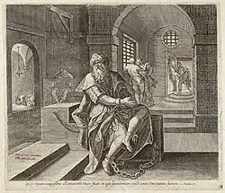 El rey Manasés en prisión rezando a Dios (2 Crónicas 33:11-13). Representaciones bíblicas, figuras bíblicas Literatura. Hollstein Dutch, Maerten de Vos, 1141-1(2), fechado entre 1555 y 1612.