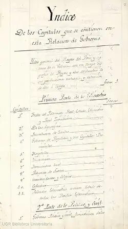 Manuscrito de Perú (F. Gil de Lemos).Índice