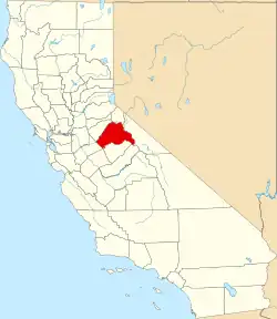 Mapa de California con la ubicación del condado de Tuolumne