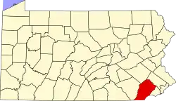 Mapa de Pensilvania con la ubicación del condado de Chester