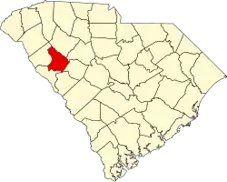Mapa de Carolina del Sur con la ubicación del condado de Greenwood