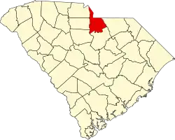 Mapa de Carolina del Sur con la ubicación del condado de Lancaster