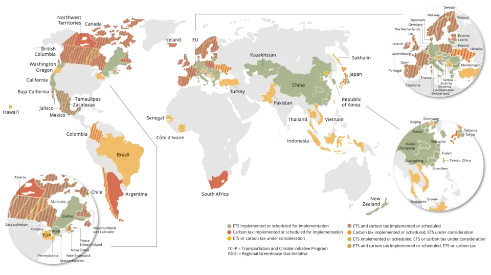 Impuestos sobre el carbono y comercio de derechos de emisión en todo el mundo
