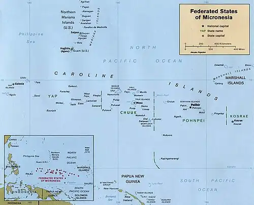 Mapa de Micronesia que muestra la ubicación de las islas Carolinas.