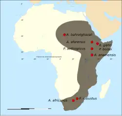 Mapa de situación de diversos yacimientos de Australopithecus, entre ellos Australopithecus garhi.