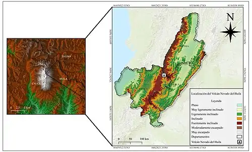 Ubicación del Nevado del Huila a nivel departamental. Este se encuentra ubicado en las fronteras de los departamentos del Cauca, Tolima y Huila.