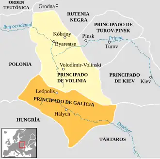 Mapa del Principado de Hálych en el siglo XIII, que formó el núcleo de lo que es Galicia