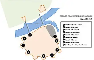 Mapa de baluartes del Recinto abaluartado de Badajoz