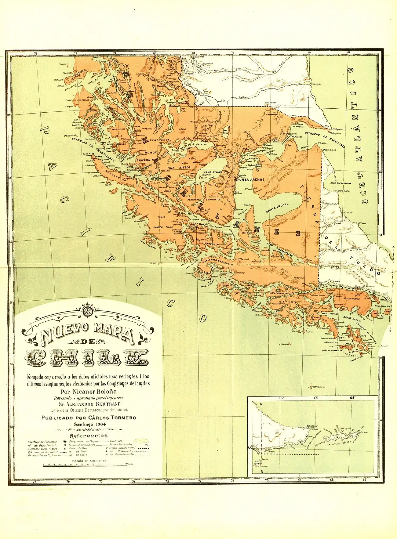 Un mapa de 1904 muestra a la izquierda el Seno de Última Esperanza, y los ríos Turbio, Rubens, Gallegos y Chaike/Chico que cruzan la frontera para desaguar en el Atlántico.