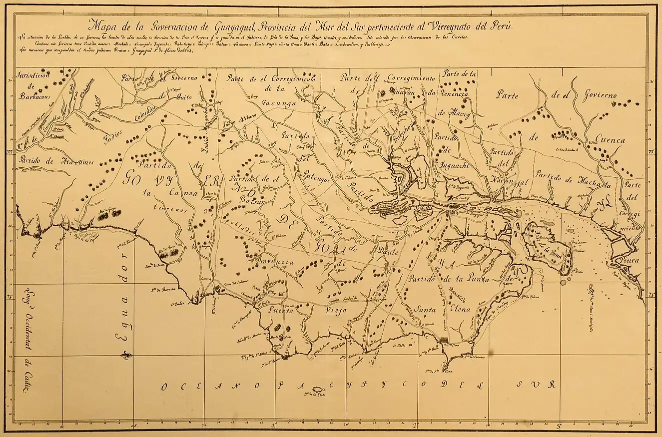 Detalle del extremo sur de la gobernación de Guayaquil, con el río Tumbes dentro del corregimiento peruano de Piura.