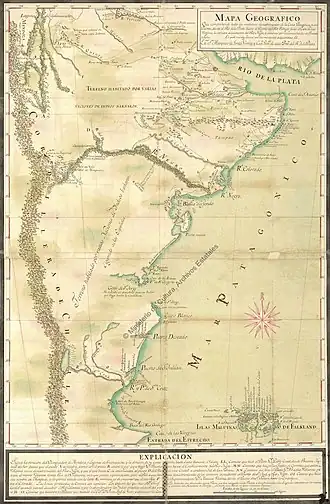 Mapa de las costas patagónicas del marqués de Loreto Nicolás del Campo de 1786 en donde se menciona a la cordillera de los Andes como cordillera de Chile.