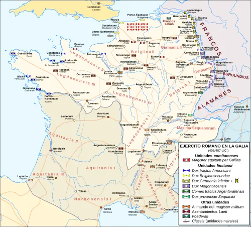 Distribución del ejército romano en la Galia a final del siglo IV / inicios del V.