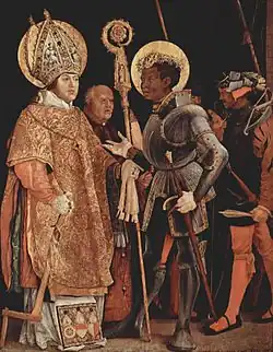 Encuentro de San Erasmo y San Mauricio, de Matthias Grünewald (1517-23), Alte Pinakothek. Grünewald utilizó a Alberto de Maguncia, que encargó el cuadro, como modelo para San Erasmo.