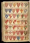 Ejemplo de armorial del rey Enrique III y sus principales nobles, en el Libro de las adiciones de Mateo de París, de 1259.[19]​