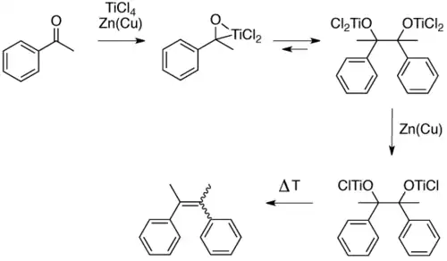 Un mecanismo propuesto cuando TiCl4 y Zn (Cu) se utilizan para el acoplamiento de la benzofenona, como se propone en una referencia.[4]​ Tenga en cuenta que el mecanismo puede variar cuando las condiciones se utilizan son diferentes.
