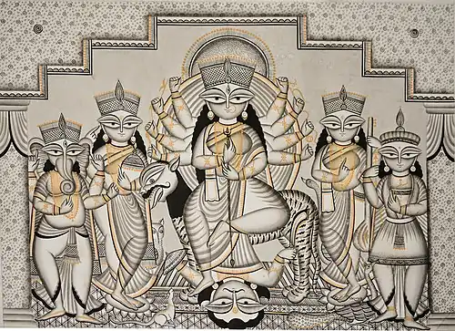La diosa Durga y su familia en un Medinipur Patachitra