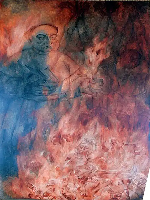 Quema de los ídolos y documentos mayas por fray Diego de Landa. Mural del pintor yucateco Fernando Castro Pacheco en Mérida, Yucatán.