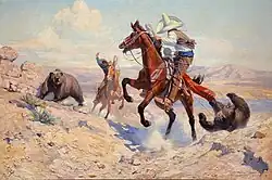 Charros vaqueros lazando osos grizzly en la hacienda San José Babicora en Chihuahua (1912).