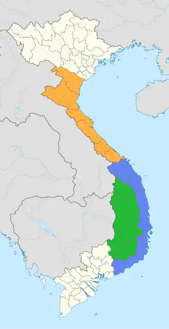 alt=Subregiones de Vietnam central Bắc Trung Bộ Duyên hải Nam Trung Bộ Tây Nguyên